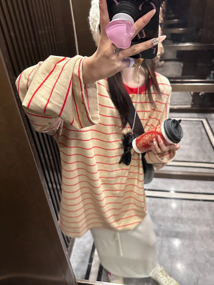 韩系复古条纹撞色长袖t恤女秋季2025新款休闲宽松慵懒松弛感上衣