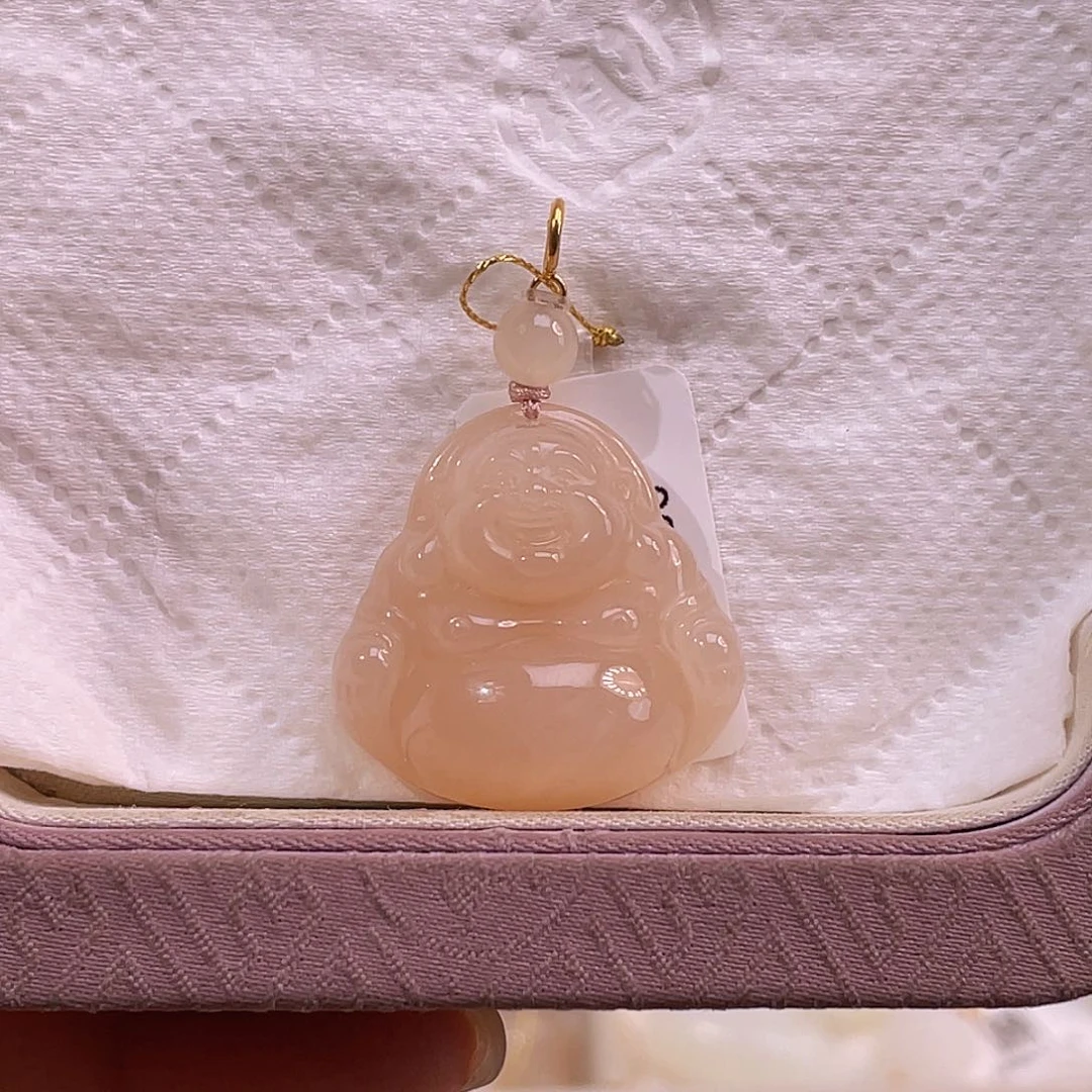 吊坠(不含链)18K金镶嵌和田玉藕粉红粉佛公25