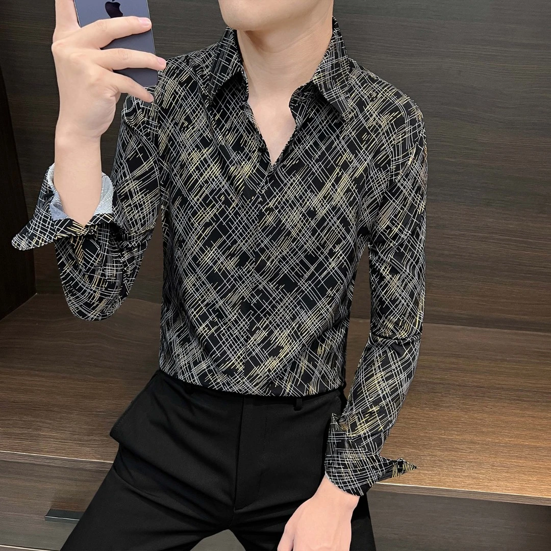 潮牌高端轻奢印花长袖衬衫男2025新款秋季帅气百搭休闲修身衬衣男