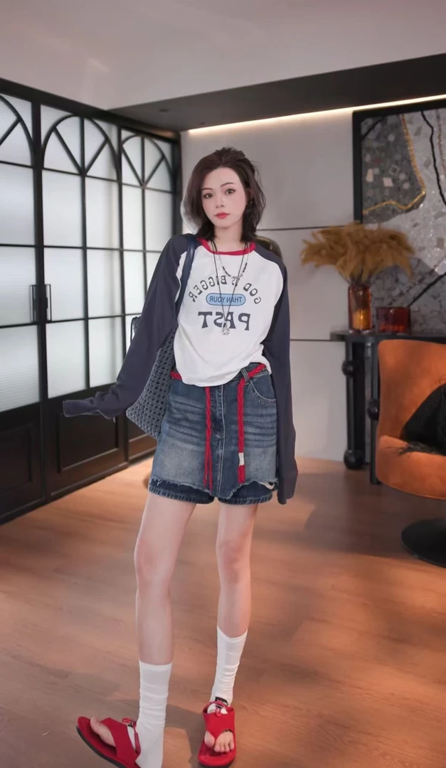 BANINGNA-2025欧货夏季拼接撞色圆领字母美式宽松长袖T恤05555