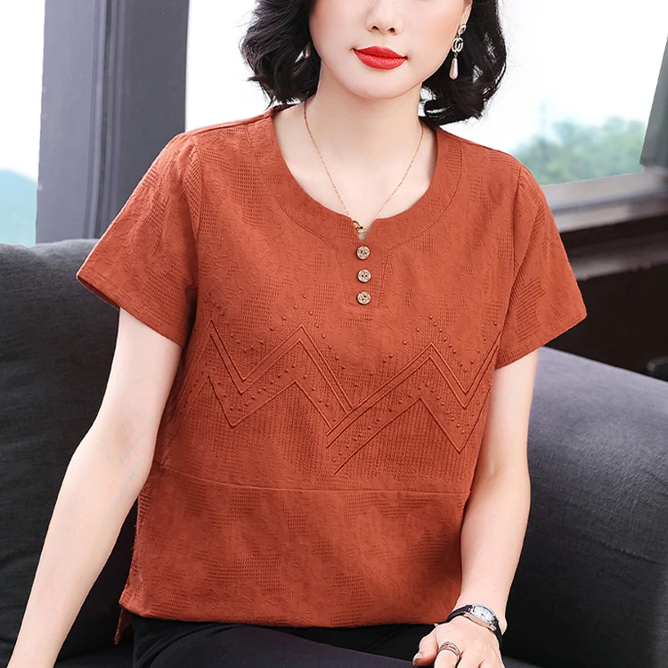 中老年妈妈夏装棉麻短袖t恤女2025新款休闲中式复古洋气妇女上衣