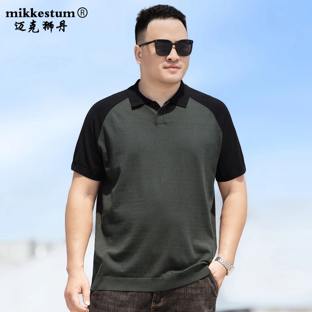 胖人大码短袖毛衣男士加肥加大宽松翻领针织衫秋冬拼色半袖打底衫