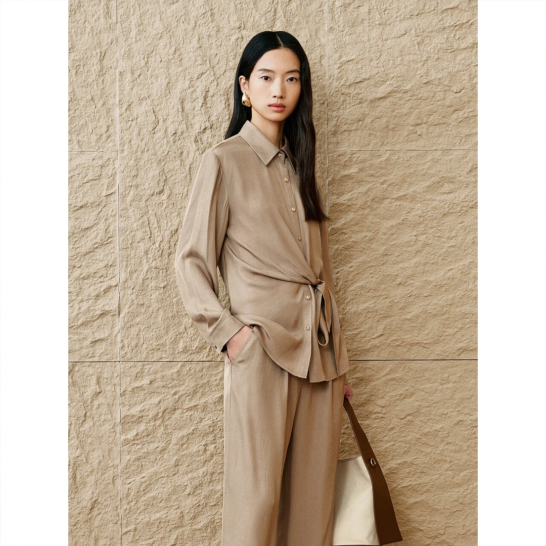 INSUN恩裳专选2025春季老钱风绑带设计感醋酸衬衫9C65130120