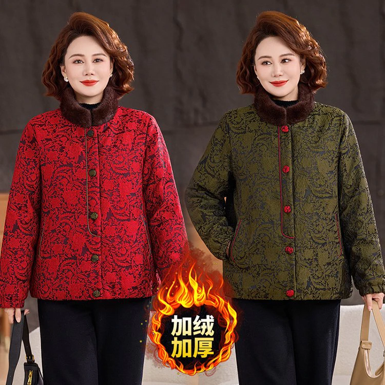 中老年妈妈冬装加绒加厚大码中式复古拼接洋气保暖提花棉服