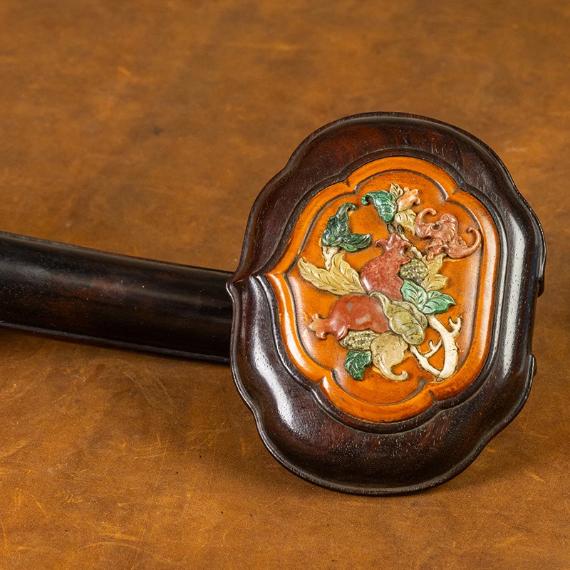 清代红木镶黄杨木百宝嵌多子多福多寿三多图如意古玩如意招财摆件