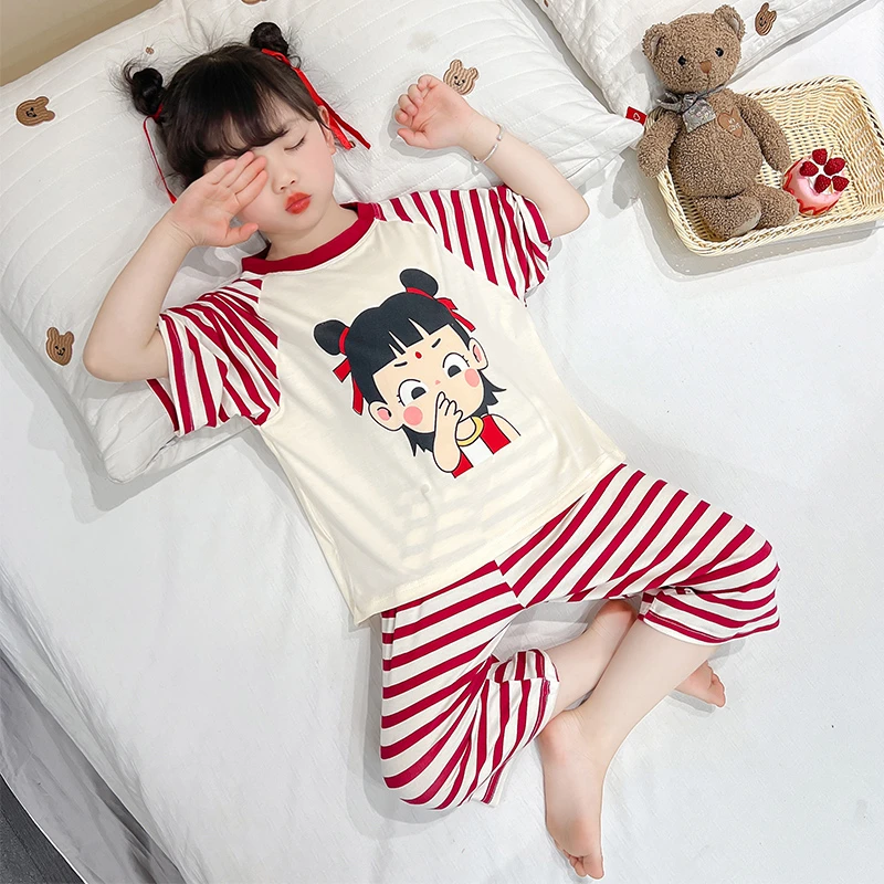 儿童家居服套装2025夏季新款男女宝宝透气空调服卡通哪吒夏装衣服