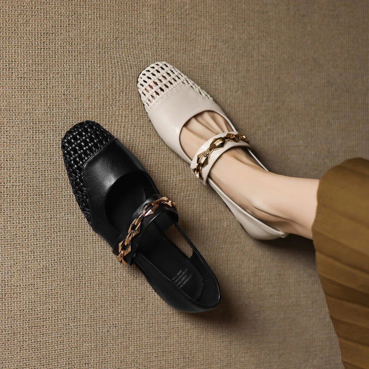 法式复古编织一字带玛丽珍鞋2025年新款夏季真皮镂空透气平底凉鞋