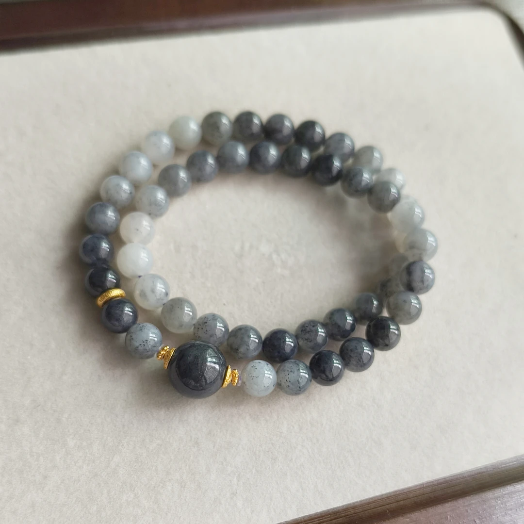 新粉福利 8m 双圈新疆点墨青花和田玉手串烟雨江南冷灰高级感