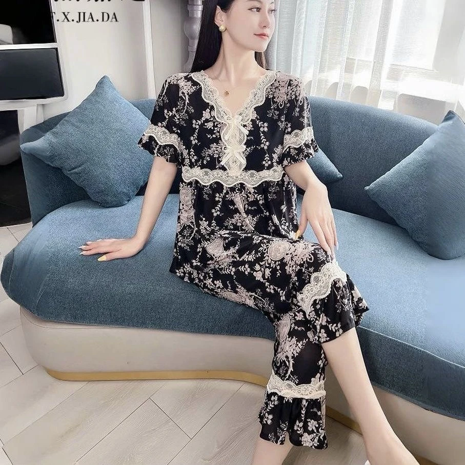 网红爆款家居服两件套时尚宽松夏季v领蕾丝花边洋气外出薄款睡衣