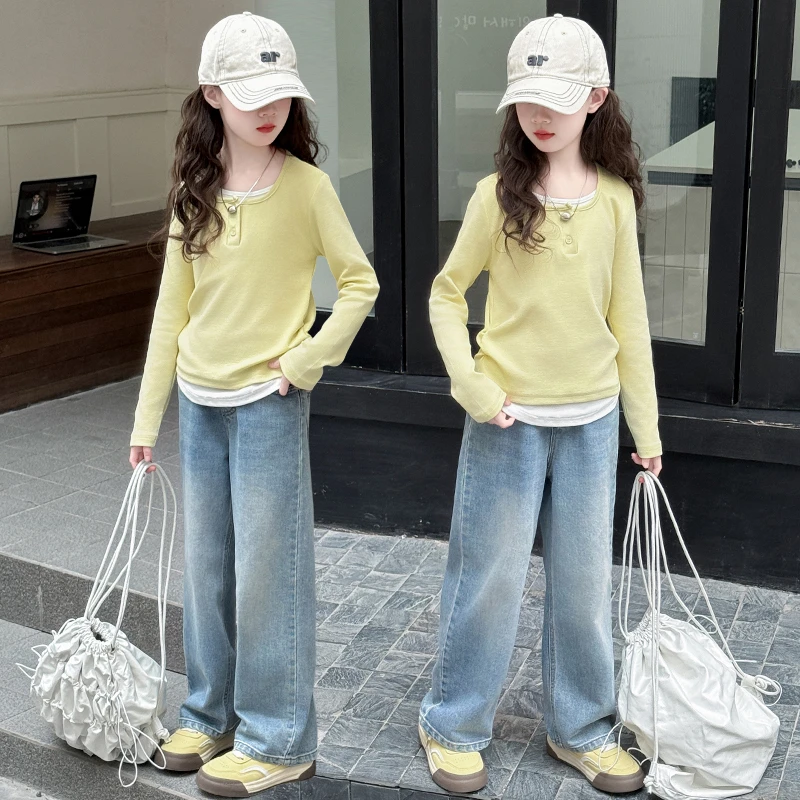 小女孩洋气套装女童春装2025新款爆儿童女中大童假两件上衣牛仔裤