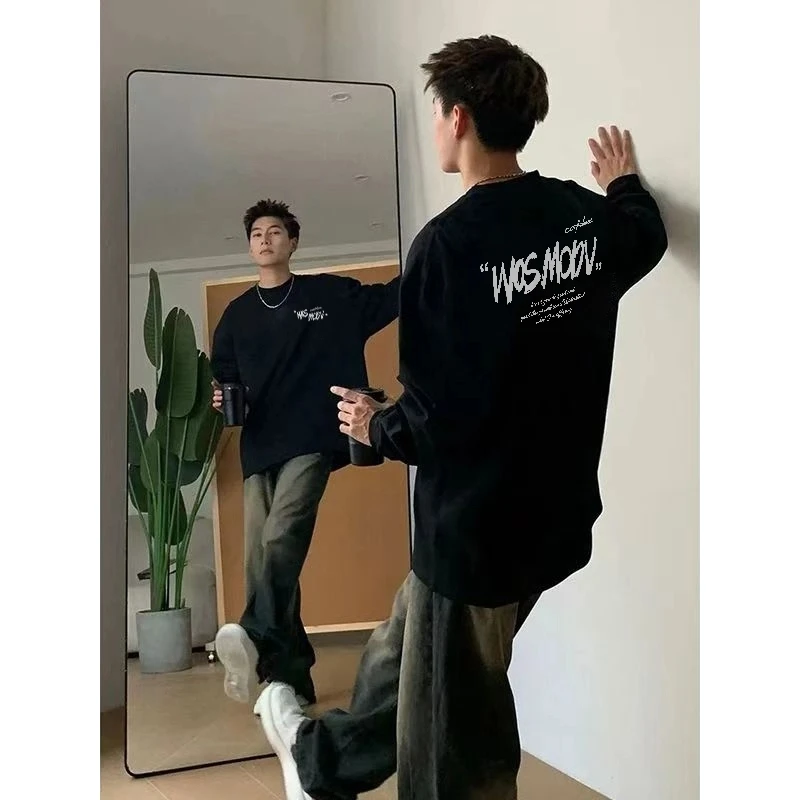 重磅潮牌复古字母印花长袖T恤男春秋季美式宽松高街纯棉打底上衣