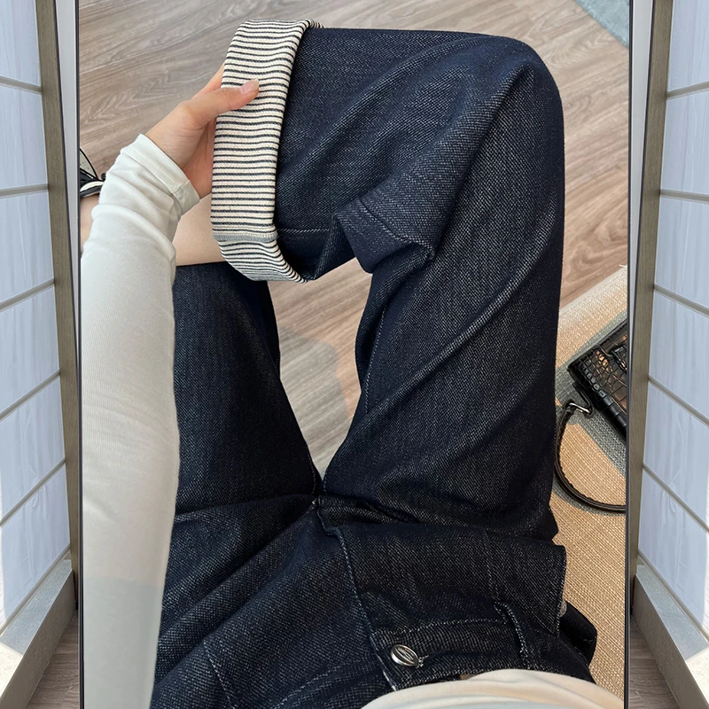 牛仔弯刀裤女早秋新品高腰显瘦深蓝色垂感直筒宽松休闲丹宁阔腿裤