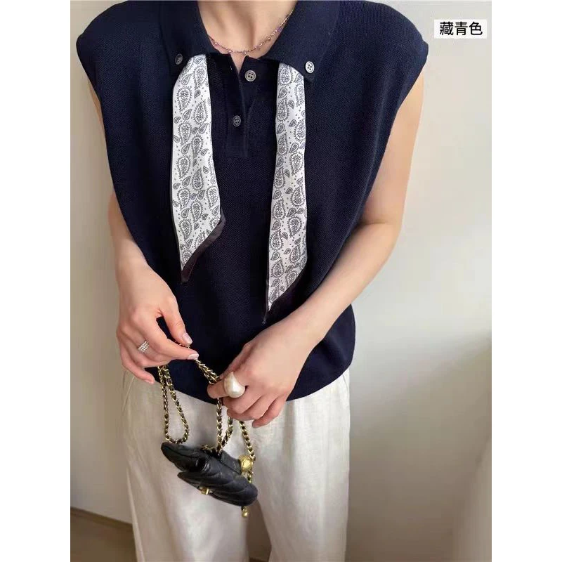 藏青色POLO领配丝巾冰丝针织衫女夏季气质百搭洋气时尚拼接小衫