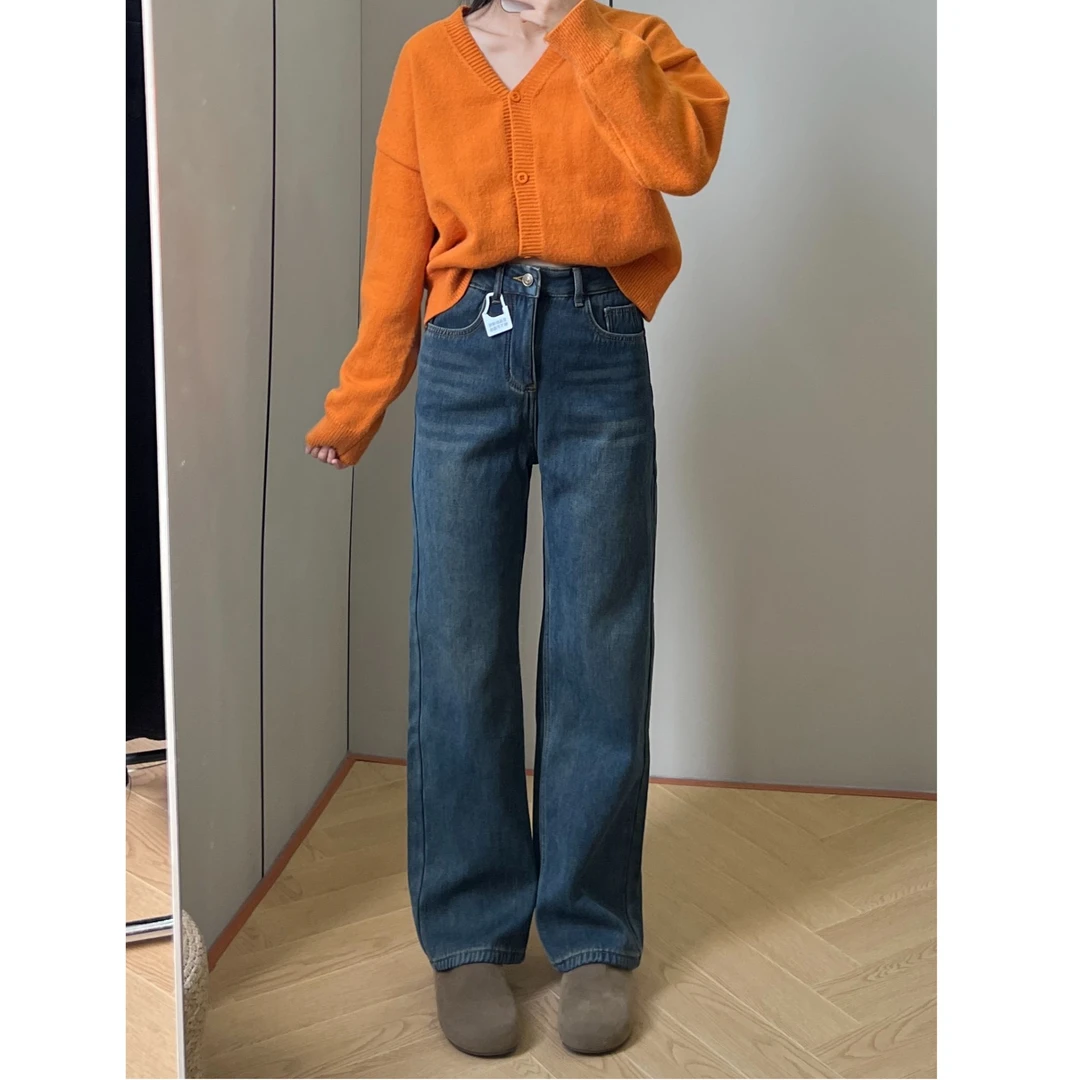 加绒加厚长裤秋冬宽松高腰显瘦宽松直筒裤大码遮肉小个子牛仔裤女