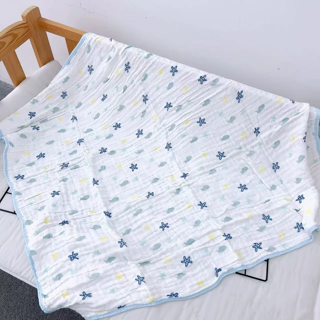 【J】拆标款六层泡泡纱纯棉包边浴巾童被盖毯105×105（海星）