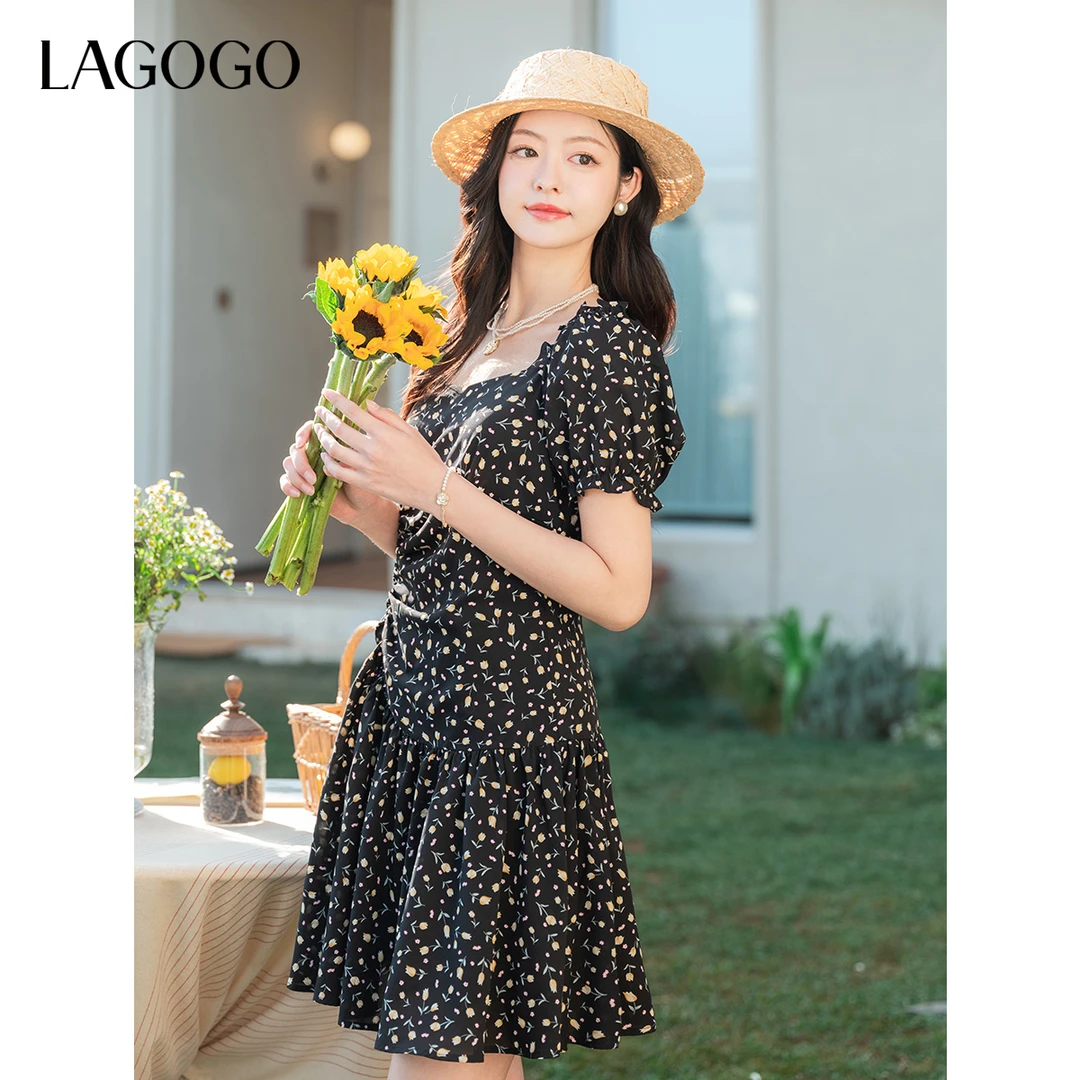 lagogo新款方领连衣裙裙子显瘦碎花仙女裙女OALL303G86