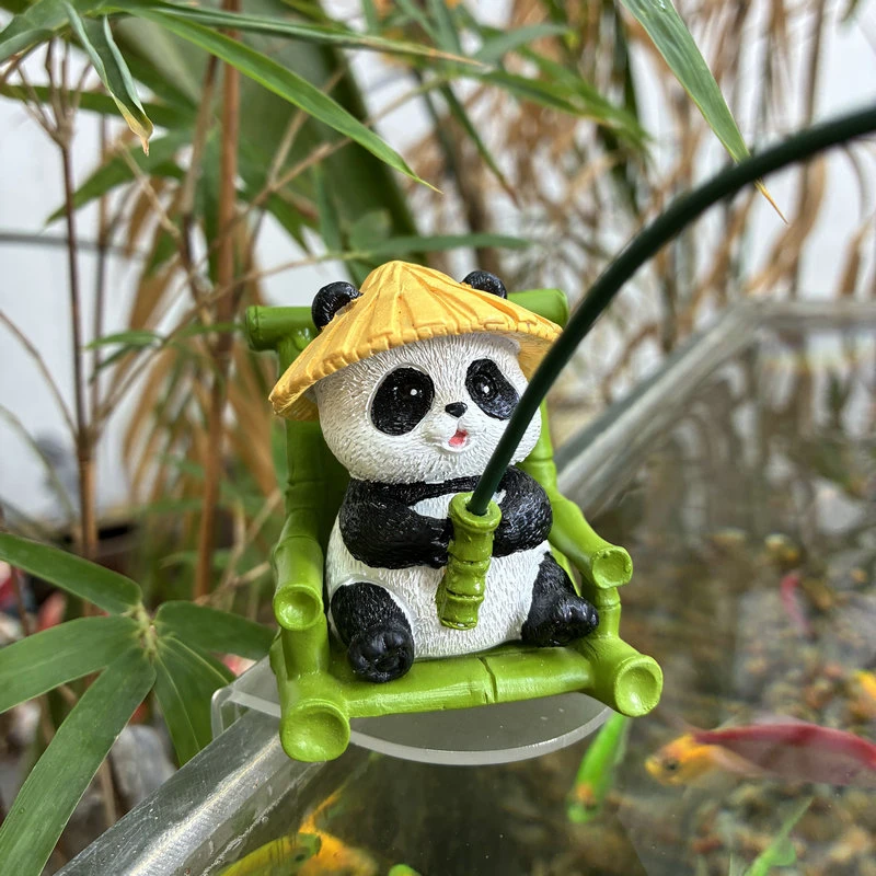 鱼缸造景熊猫钓鱼小摆件缸边缘水缸水族箱假山流水微景观装饰品