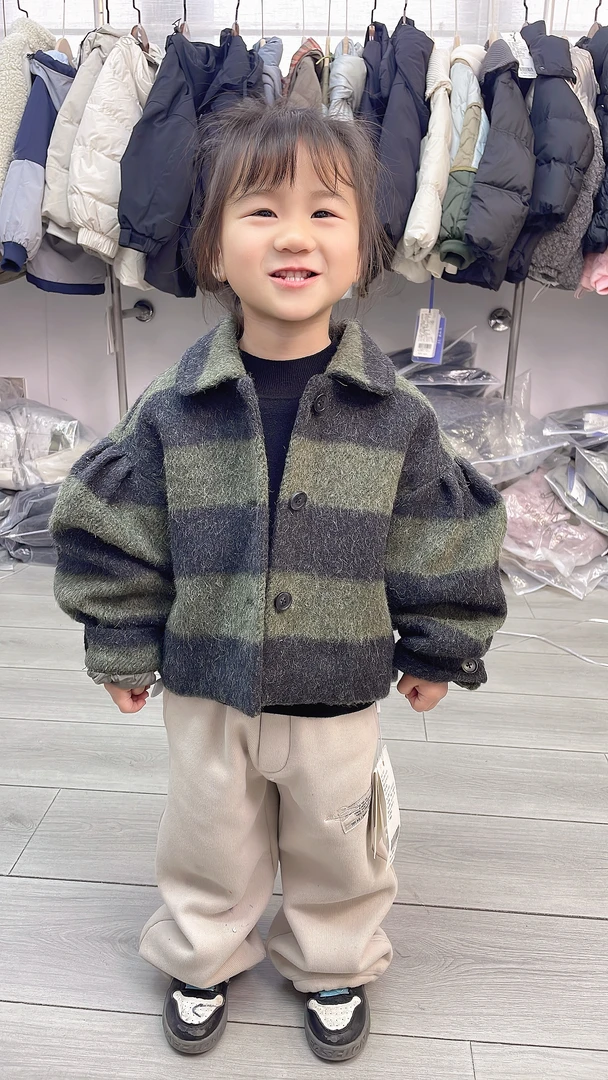 女童冬季条纹韩版毛呢外套2025中大童时髦呢大衣儿童加厚保暖上衣