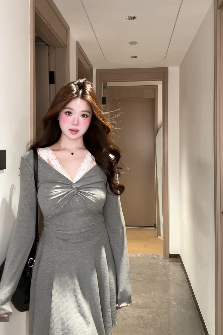微胖mm性感纯欲风假两件长袖连衣裙辣妹修身显瘦设计感气质短裙