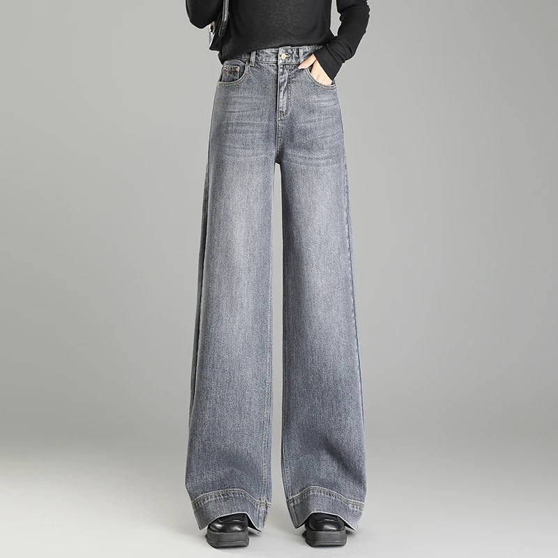 设计感烟灰色直筒牛仔裤女2025秋季新款高腰复古垂感显瘦阔腿裤裤