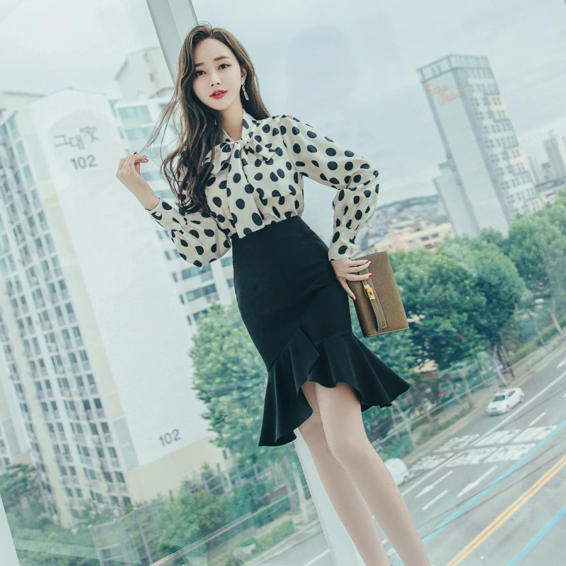 气质时尚套装波点蝴蝶结领带衬衫上衣鱼尾半身裙两件套2608