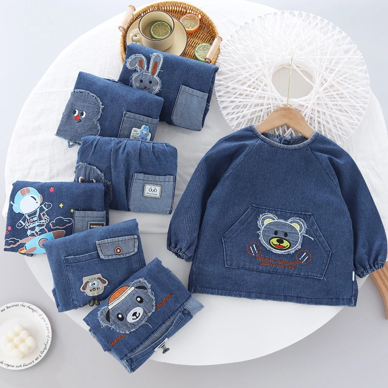 儿童软牛仔罩衣宝宝吃饭反穿衣婴儿纯棉长袖卡通男女童兜兜褂洋气