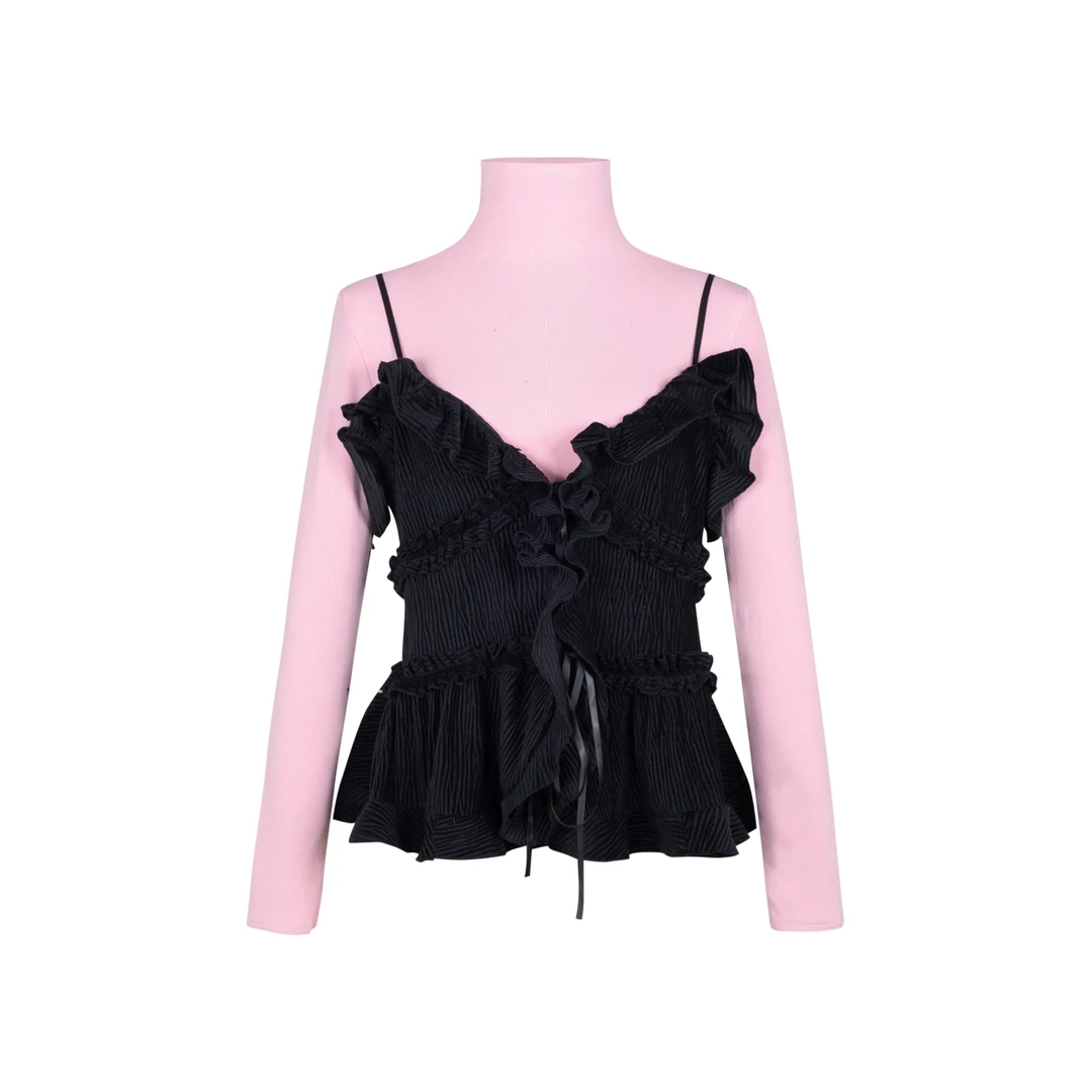 OneKoilin 小香风荷叶边吊带+针织内搭打底衫两件套 DDTZ