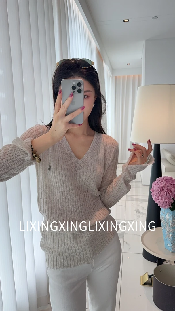 LXX【刺绣V领毛衣】长袖常规针织女竖条秋季毛针织衫秋冬气质女装