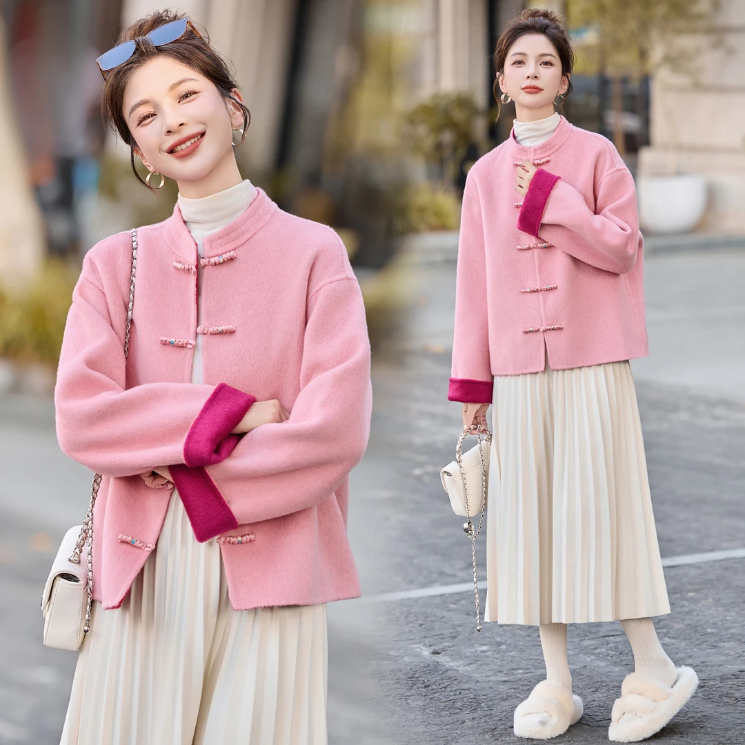 新中式时尚国风盘扣双面毛呢大衣外套女短款立领2025秋冬季新款潮