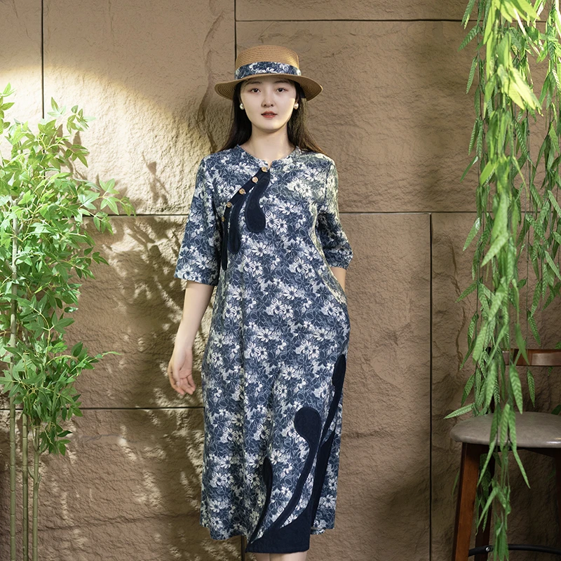 【水波纹】 国风连衣裙白色青花瓷宽松显瘦民族风音符立体缝花裙子