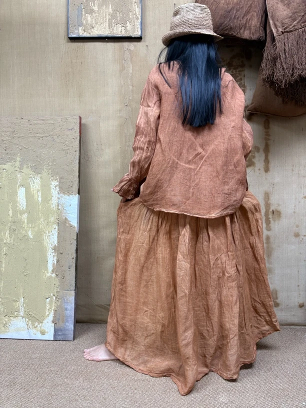 植物染色柿染粗麻半裙（群长95厘米）