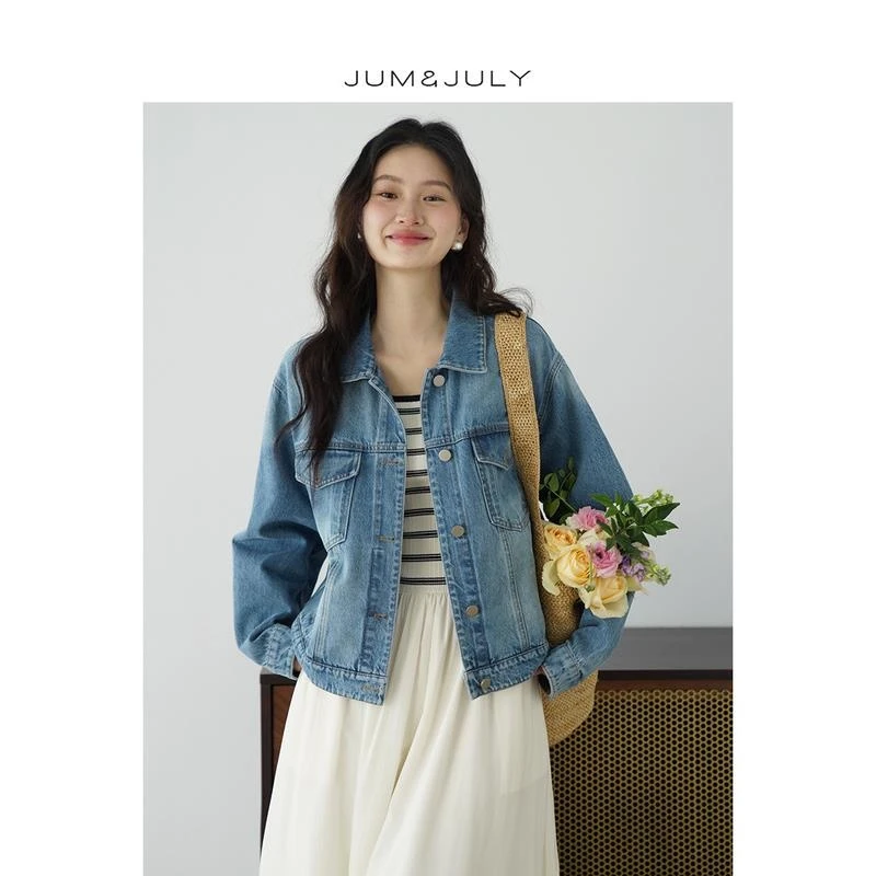 嘉茱莉摩登复古牛仔外套女2025年春季新款小个子短款上衣V1026
