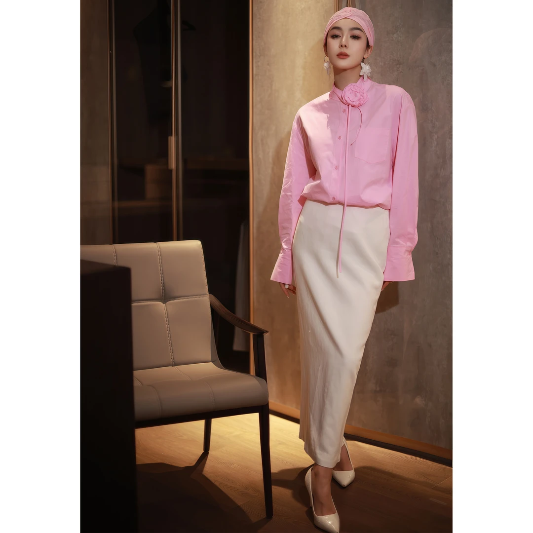 春季粉色衬衫女洋高级感气质女神范宽松显瘦立领花朵衬衣