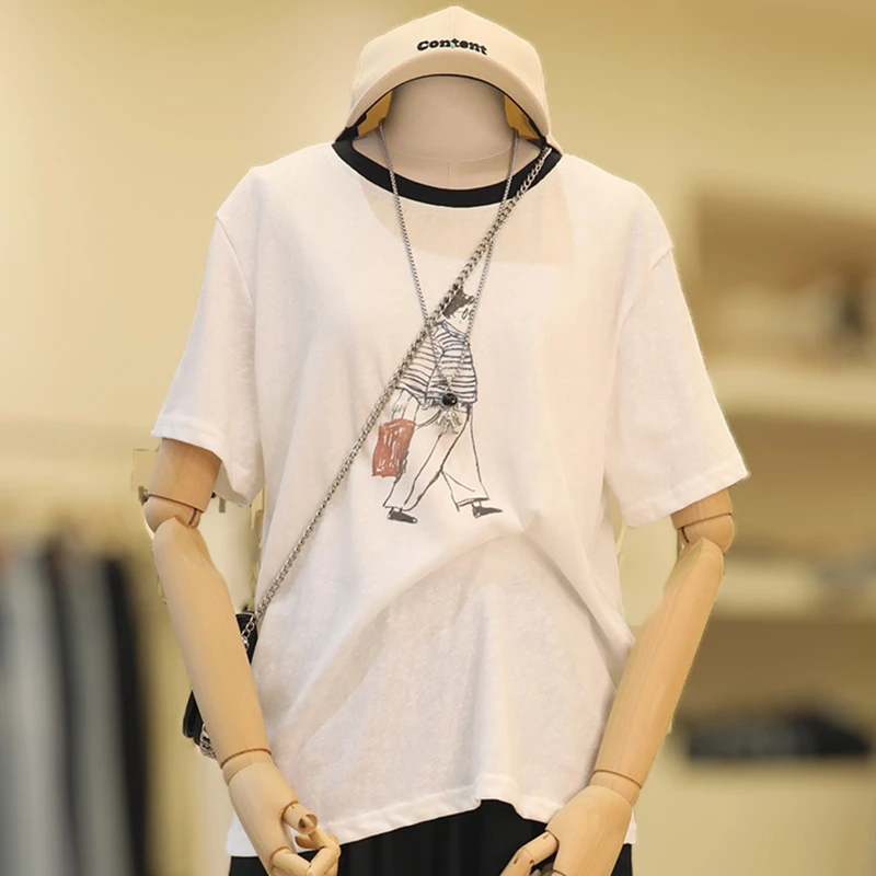 大码加宽加大女装撞色圆领短袖T恤女宽松遮肚子藏肉显瘦上衣25267