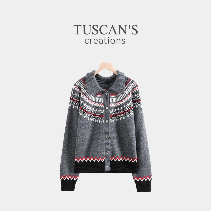 TUSCAN'S CREATIONS秋冬复古提花宽松时尚针织衫翻领开衫双鱼女装