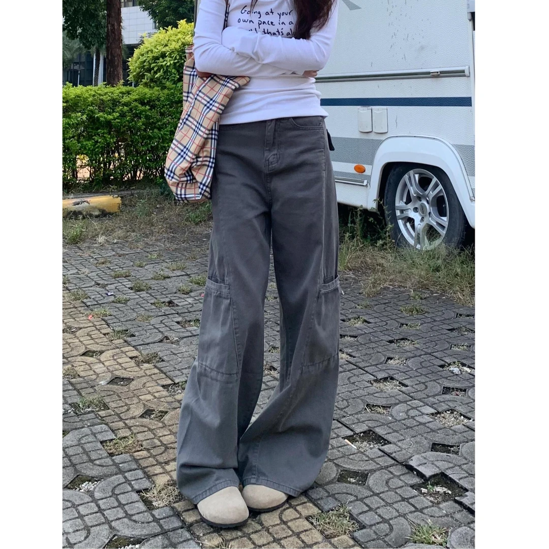 美式阔腿工装裤大码高腰显瘦宽松休闲直筒裤微胖mm设计感牛仔裤