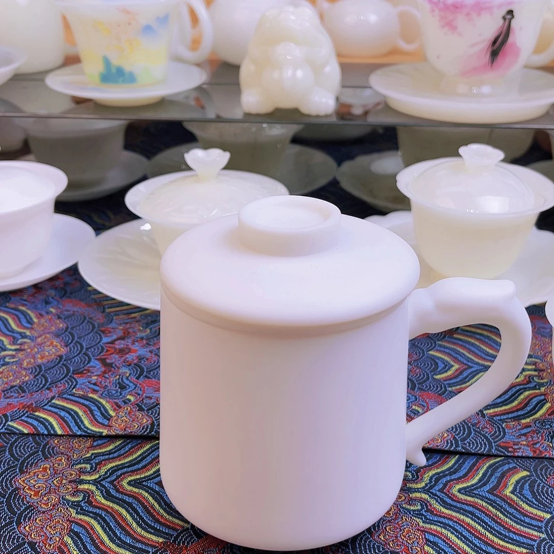 盖碗瓷羊脂玉瓷素烧办公杯3件套450cc