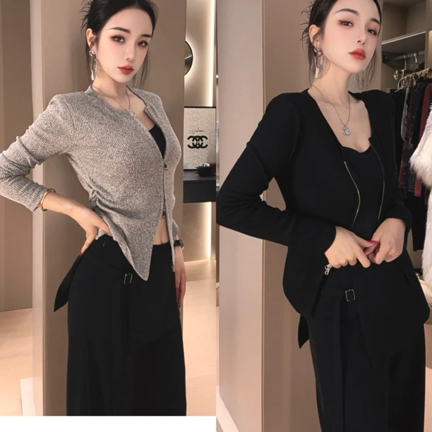 2025秋季新款修身双拉链百搭打底衫女长袖显瘦针织衫上衣508