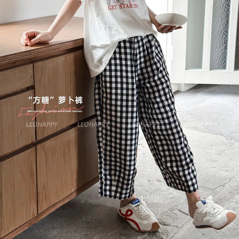 LEOHAPPY【方糖】醋酸混纺黑白格阔腿萝卜裤