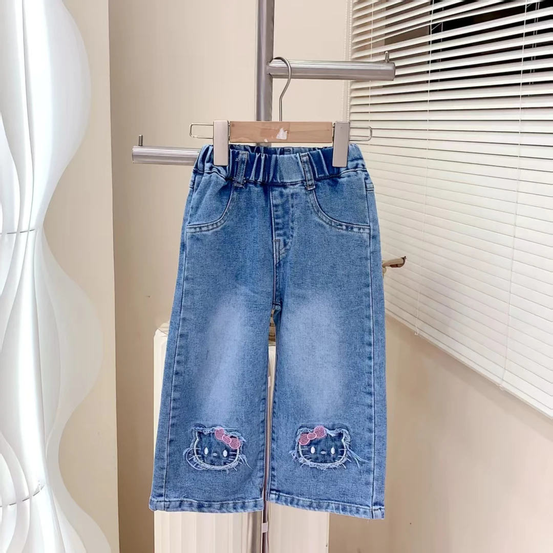 251116 女童春季韩版棉质脚口刺绣KT猫水洗软牛仔裤