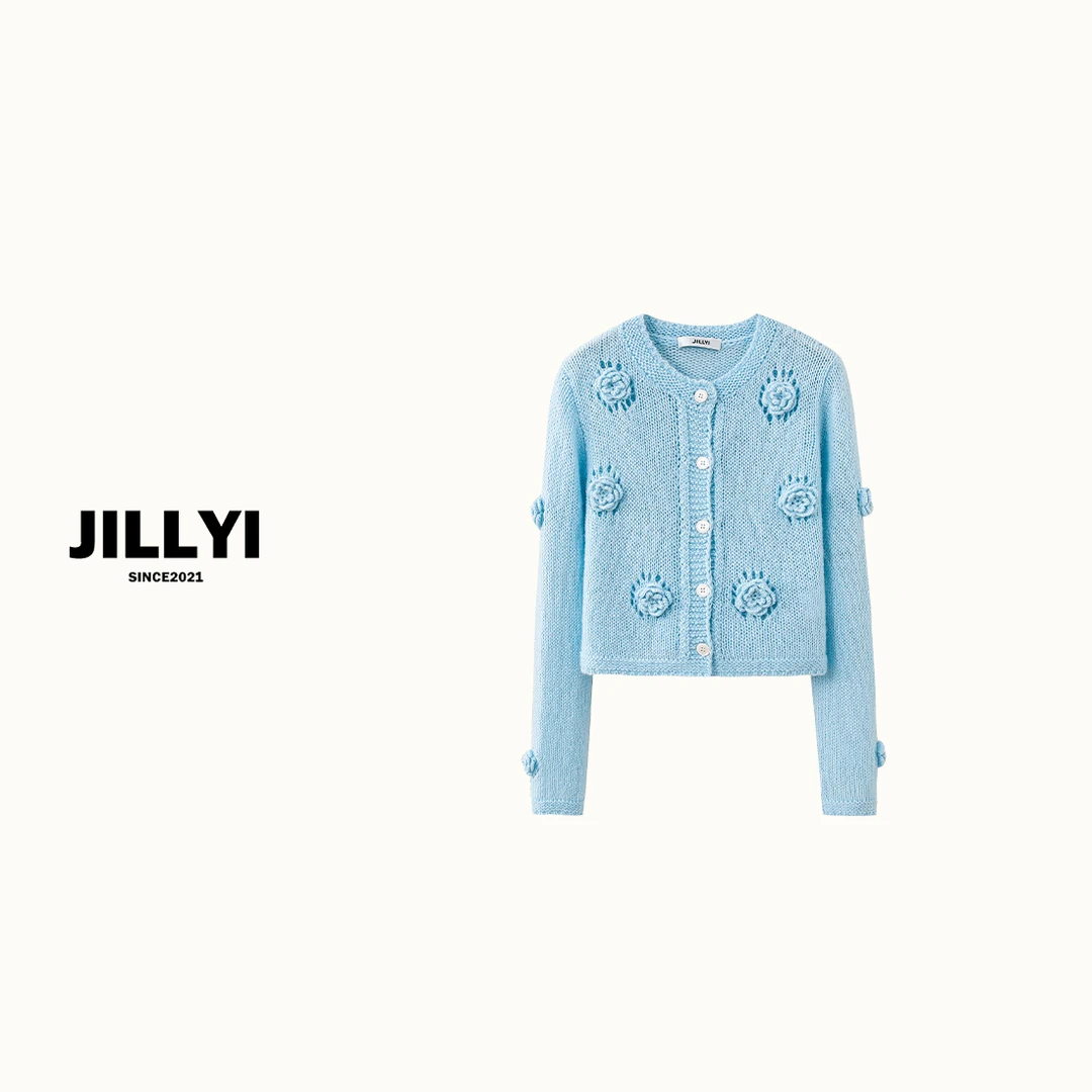 JILLYI【宝石三色】浅蓝色针织立体花朵开衫小香风气质时尚百搭镂空