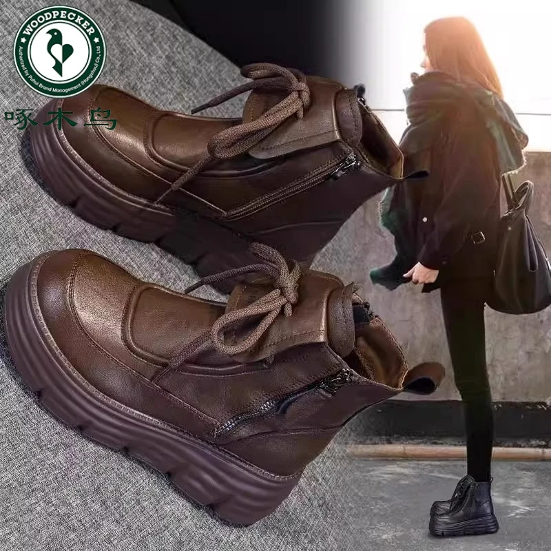 啄木鸟厚底马丁靴女2025年秋冬季加绒英伦风短靴小个增高雪地女靴