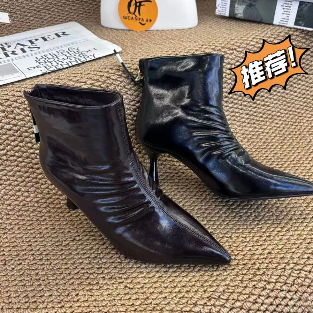 冬季高跟短靴法式尖头细跟时尚加绒短靴女2025气质性感褶皱瘦瘦靴