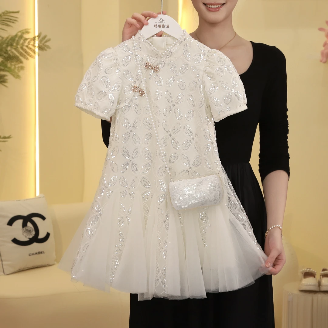 女童连衣裙2025夏季新款中国风盘扣连衣裙网纱亮片长裙5230001056