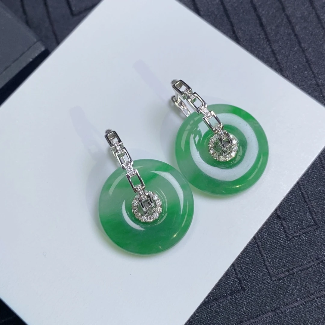 翡翠18K金镶嵌耳饰链条耳包➕甜甜圈