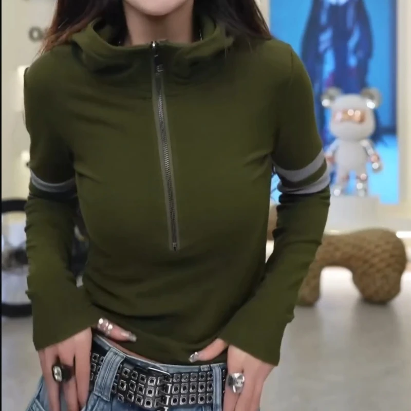 酷飒风连帽半拉链女修身显瘦单穿打底上衣T恤LK2507315