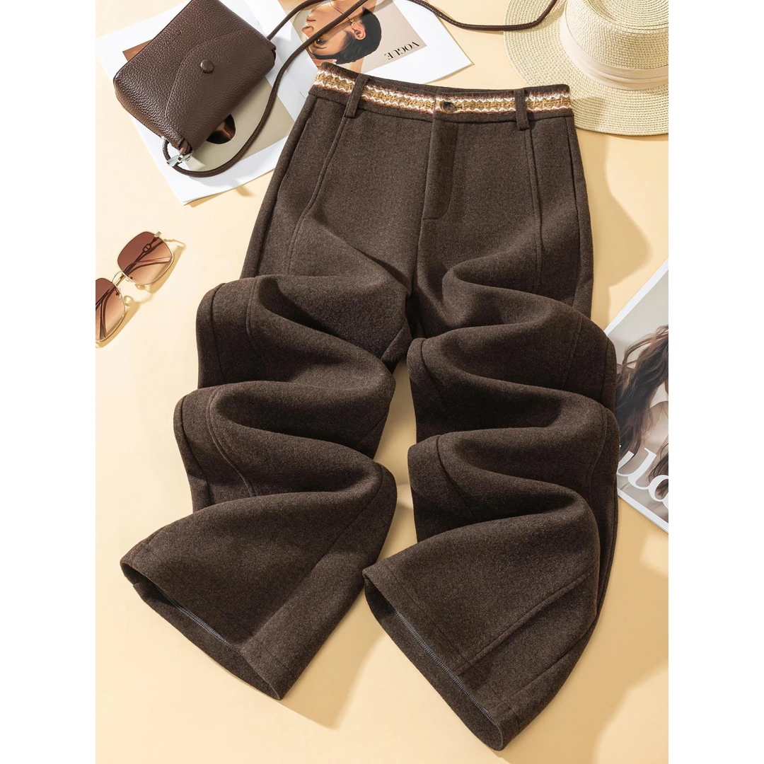 拉夏贝尔高腰咖色阔腿裤女秋季2025新款高级感毛呢宽松弯刀直筒裤