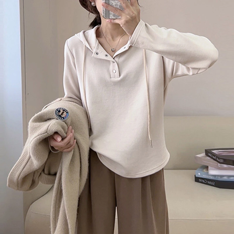 韩版纯色半开领连帽卫衣女2025年春秋季新款设计感减龄内搭打底衫