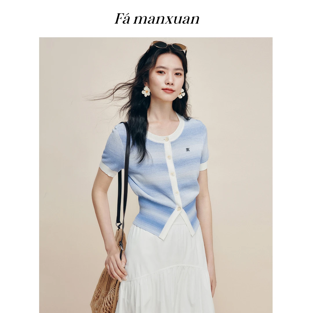 【陈大可专属】法曼萱蓝白渐变段染短袖针织开衫女夏拼色上衣