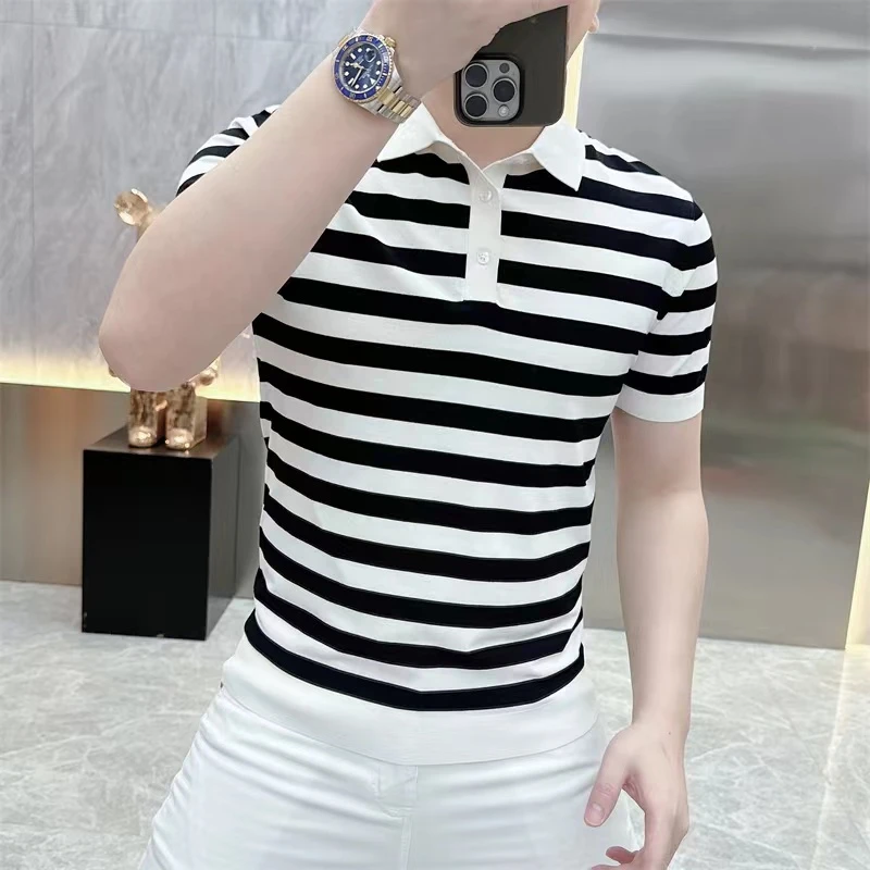 高档条纹短袖T恤POLO衫男冰麻针织冰丝轻奢百搭半袖体恤男装25210